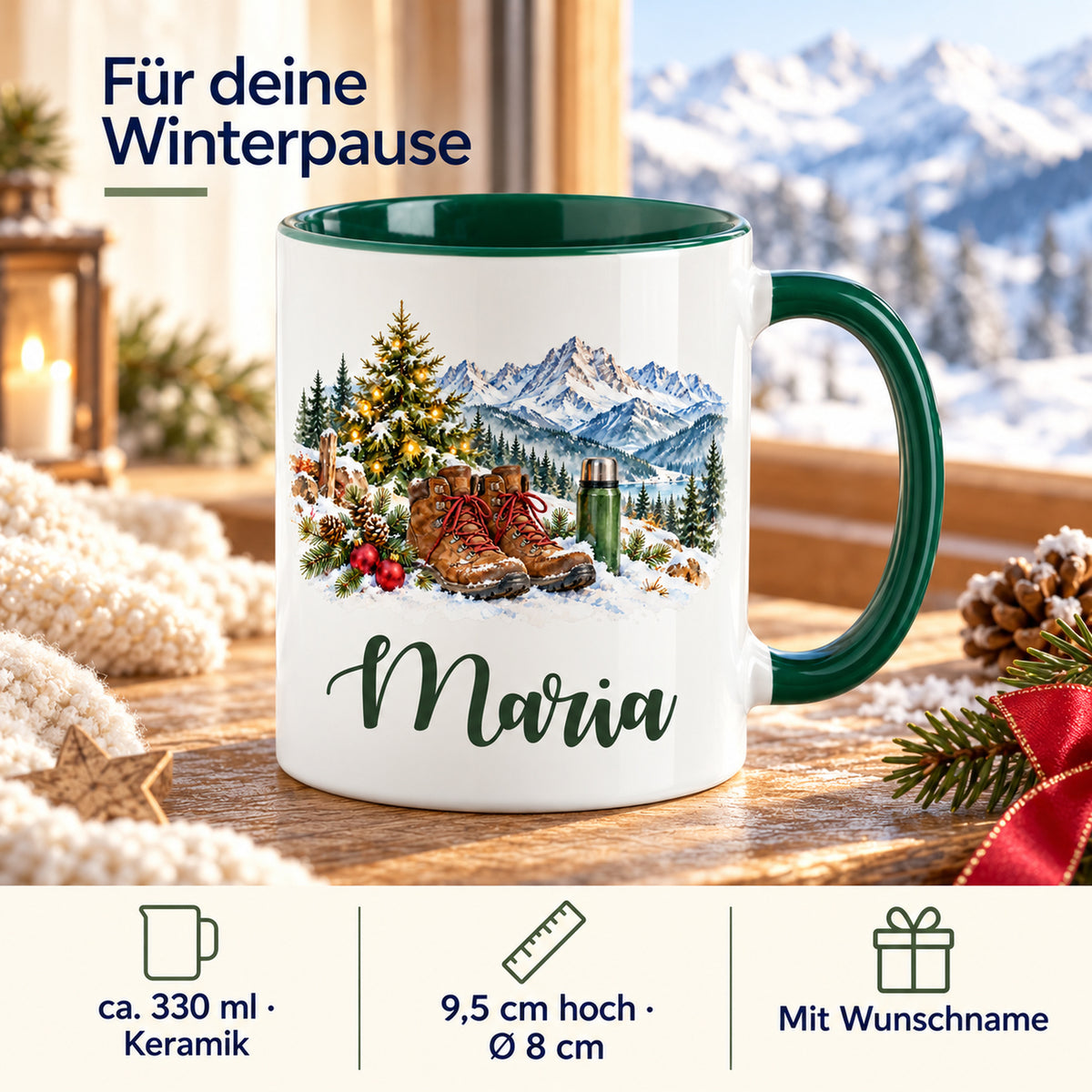 Infografik zu Größe und Personalisierung: Wanderschuhe vor verschneiten Bergen.