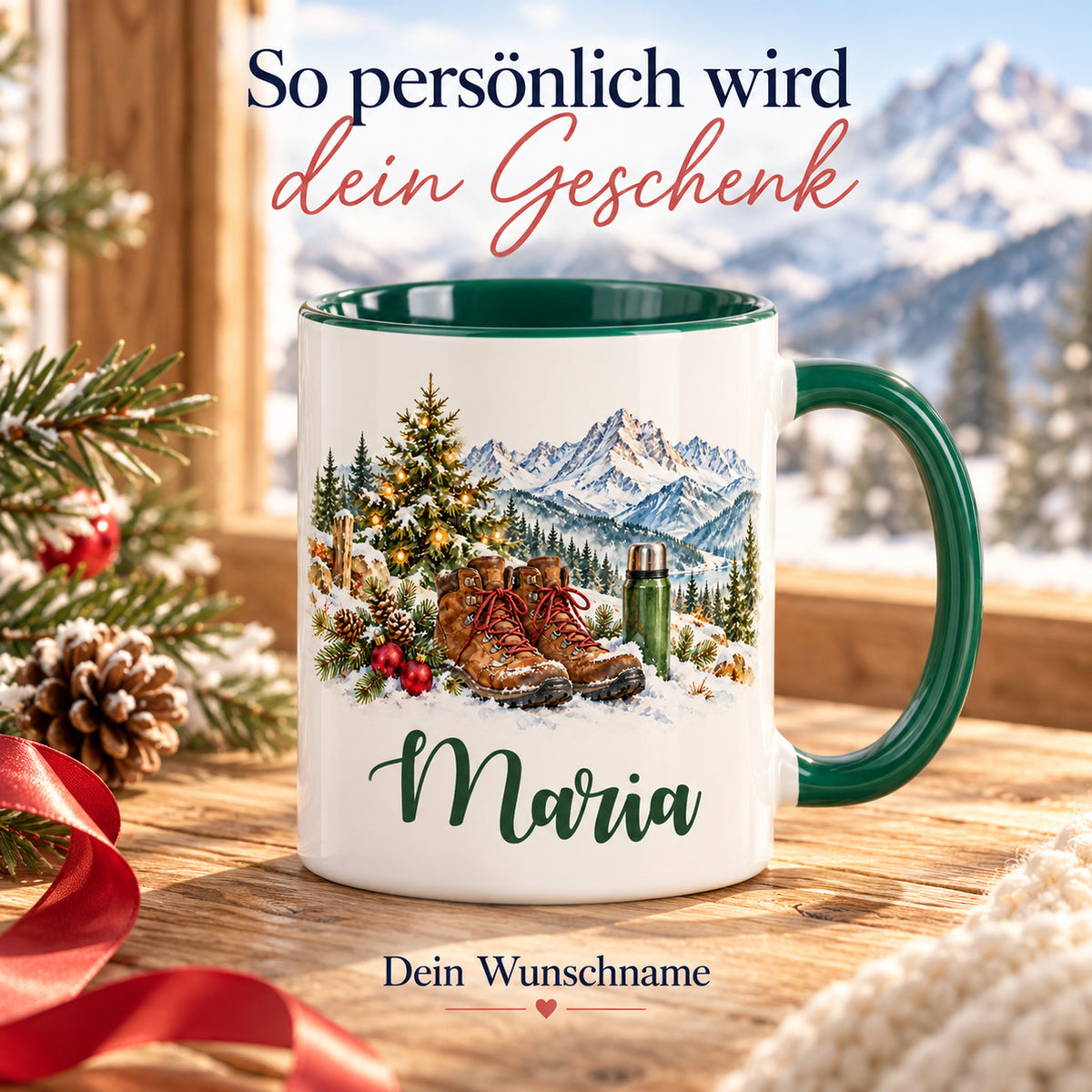 Großer Wunschname unter dem Motiv: Wanderschuhe vor verschneiten Bergen.