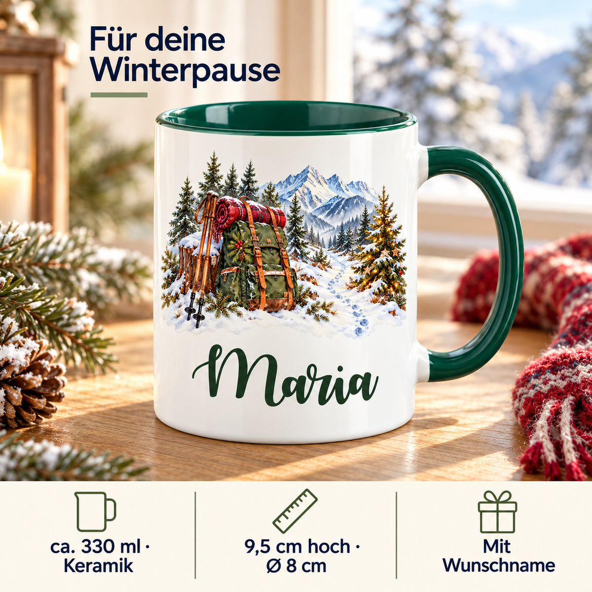 Infografik zu Größe und Personalisierung: Rucksack im verschneiten Tannenwald.