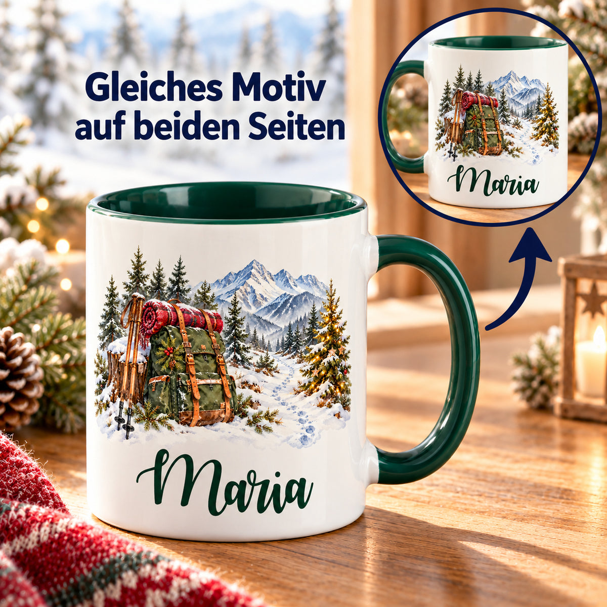 Tasse mit Detailkreis zum beidseitigen Druck: Rucksack im verschneiten Tannenwald.