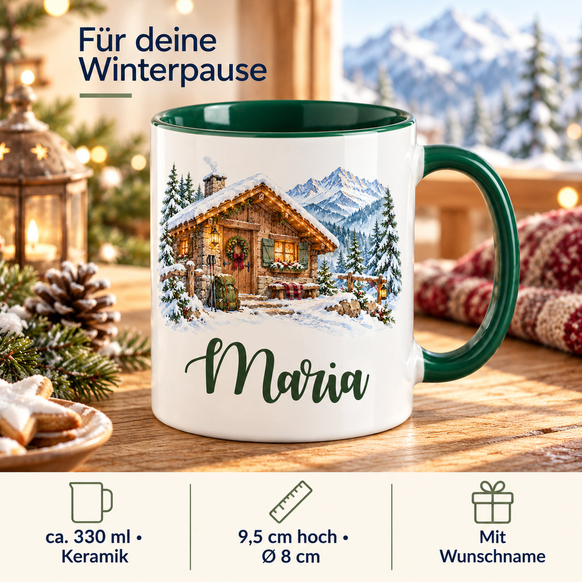 Infografik zu Größe und Personalisierung: weihnachtliche Berghütte.