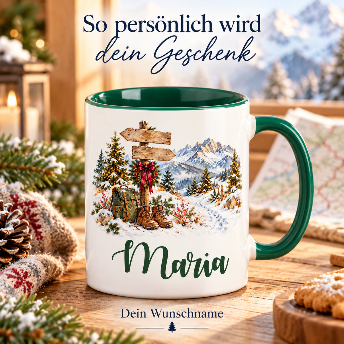Großer Wunschname unter dem Motiv: Wegweiser vor verschneiten Bergen.