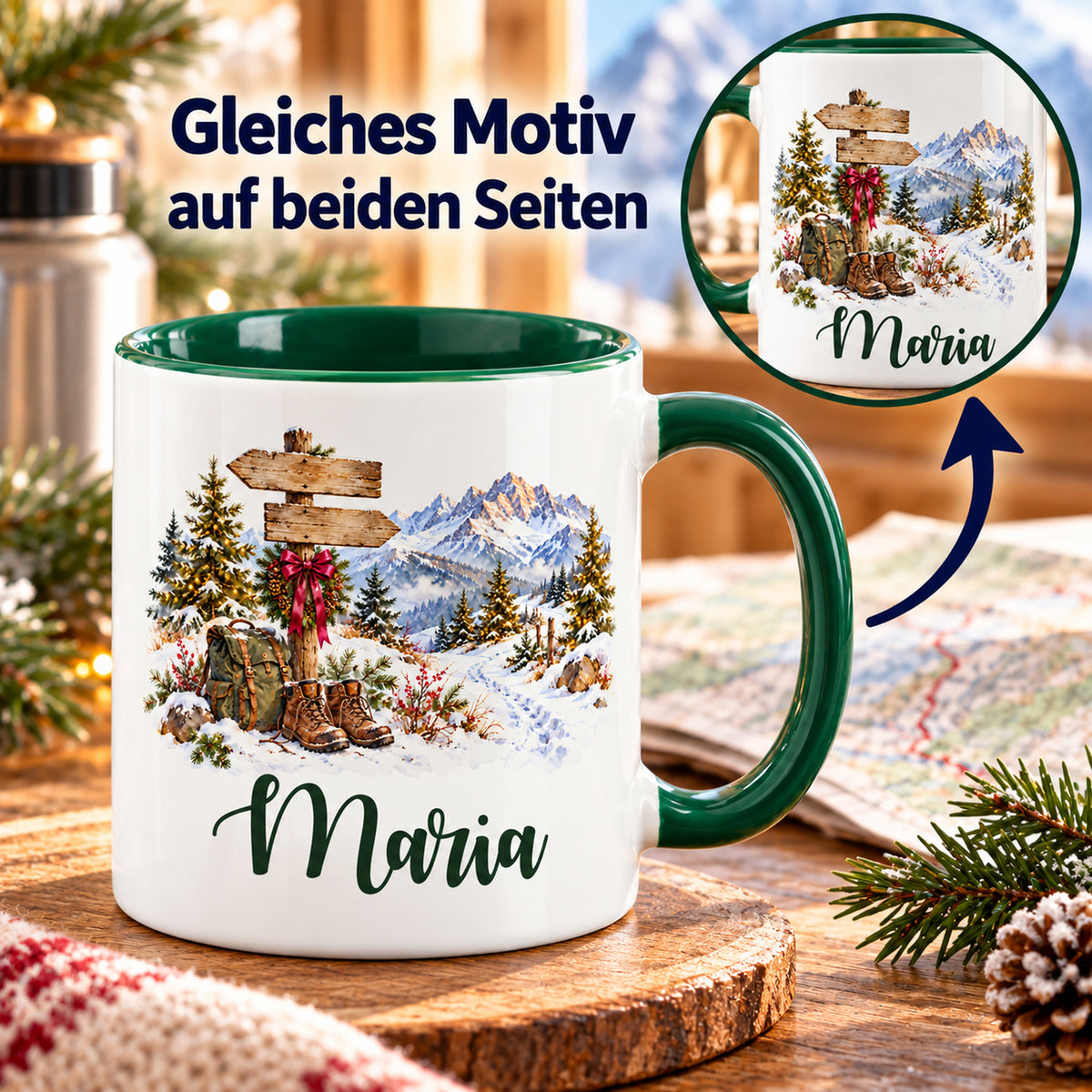 Tasse mit Detailkreis zum beidseitigen Druck: Wegweiser vor verschneiten Bergen.