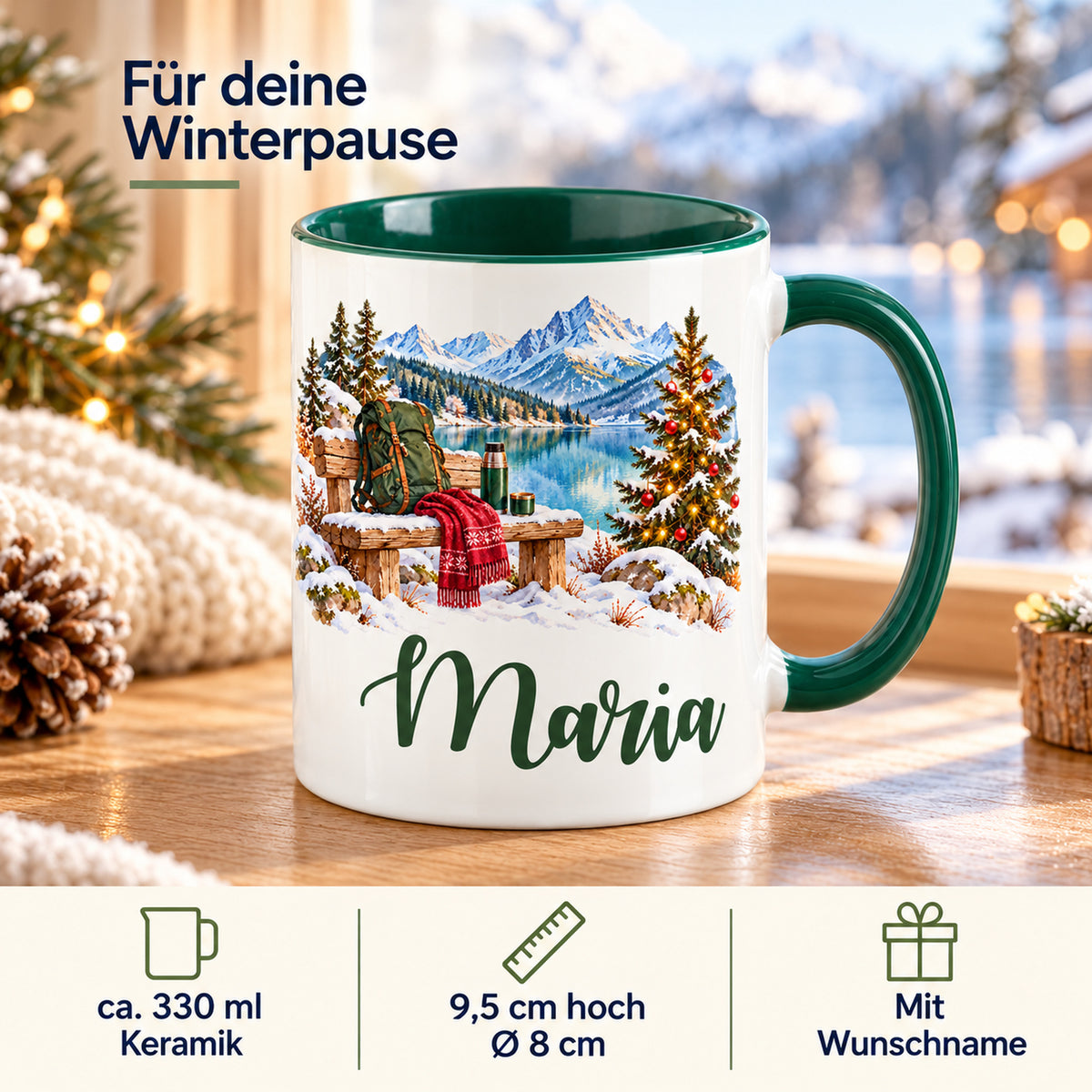 Infografik zu Größe und Personalisierung: Rastplatz am winterlichen Bergsee.