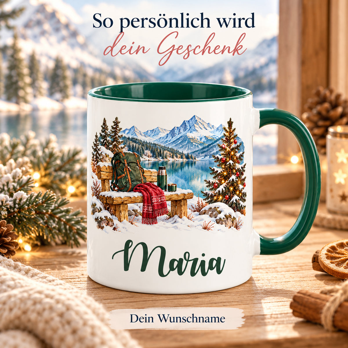 Großer Wunschname unter dem Motiv: Rastplatz am winterlichen Bergsee.