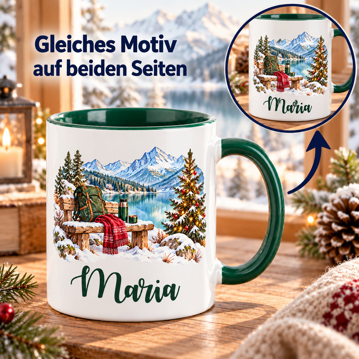 Tasse mit Detailkreis zum beidseitigen Druck: Rastplatz am winterlichen Bergsee.