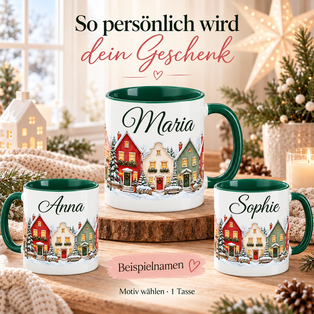 Drei Tassen Giebelgasse mit gekennzeichneten Namensbeispielen; geliefert wird eine Tasse im gewählten Motiv.