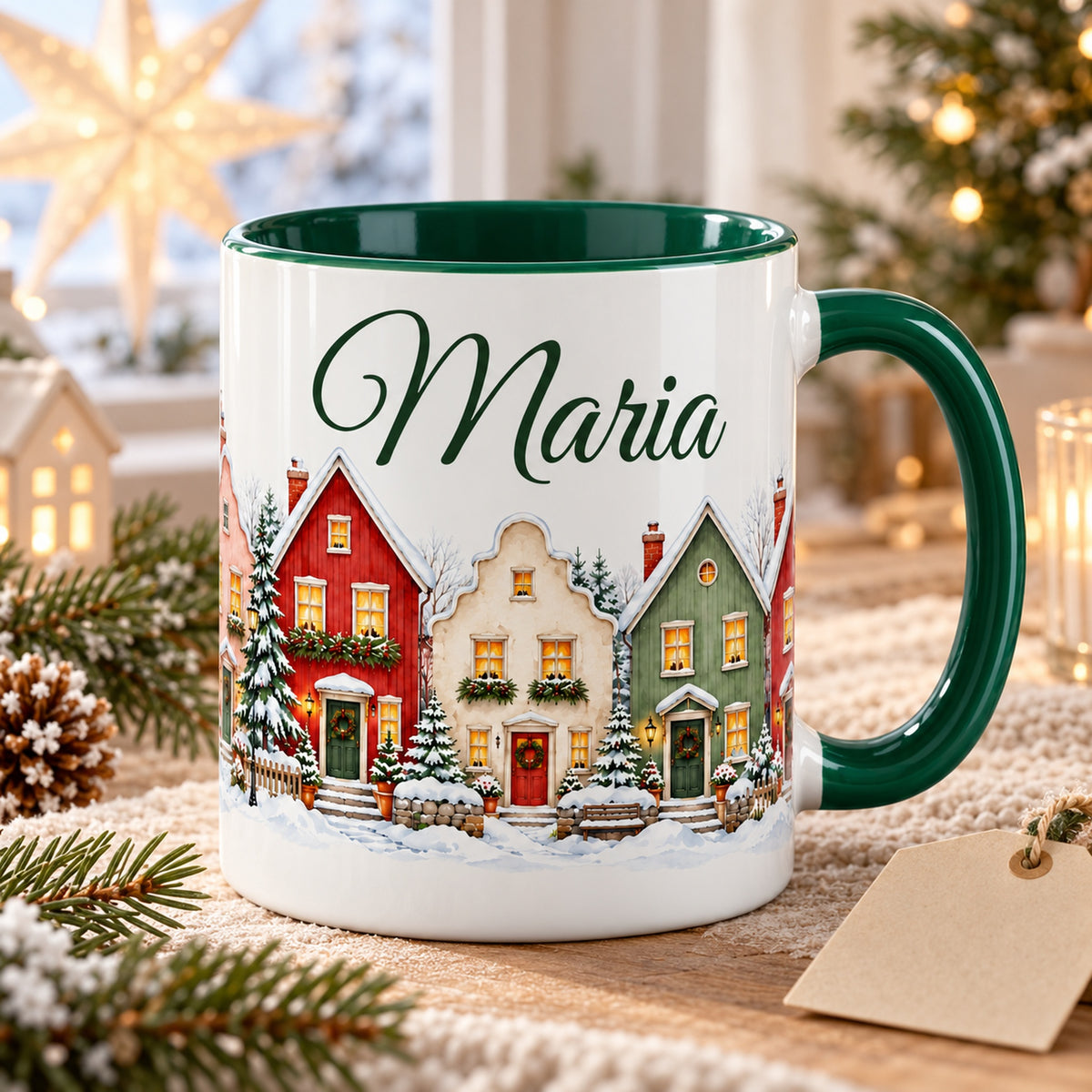 Personalisierte Tasse Giebelgasse auf einem Holztisch mit Tannenzweigen und Geschenkanhänger.