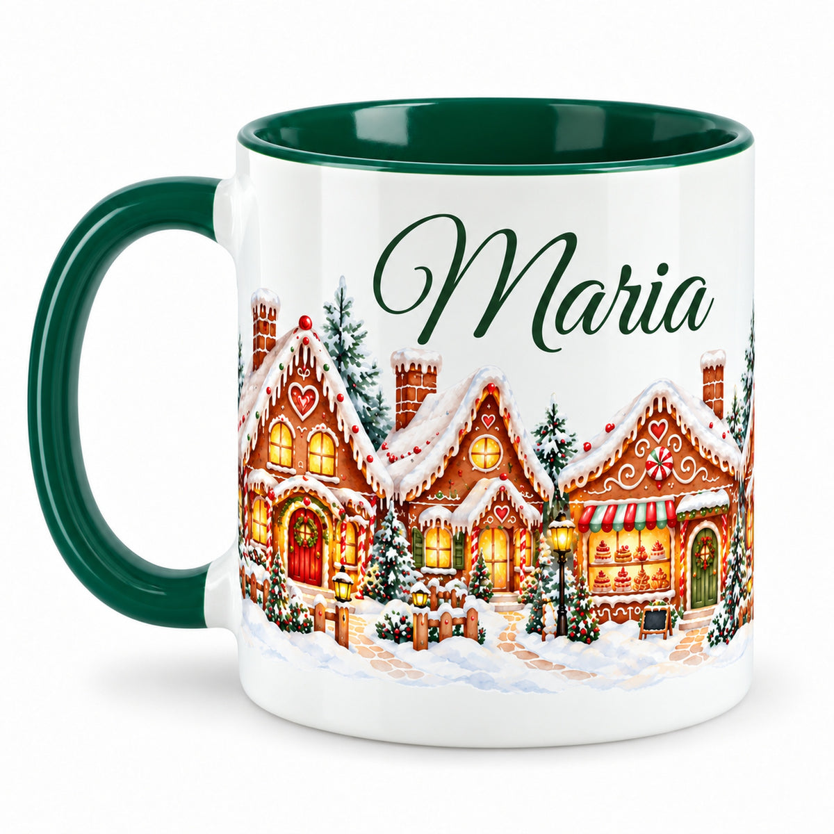 Tasse Lebkuchendorf mit grünem Henkel links und einem weiteren Abschnitt des Häuserpanoramas.