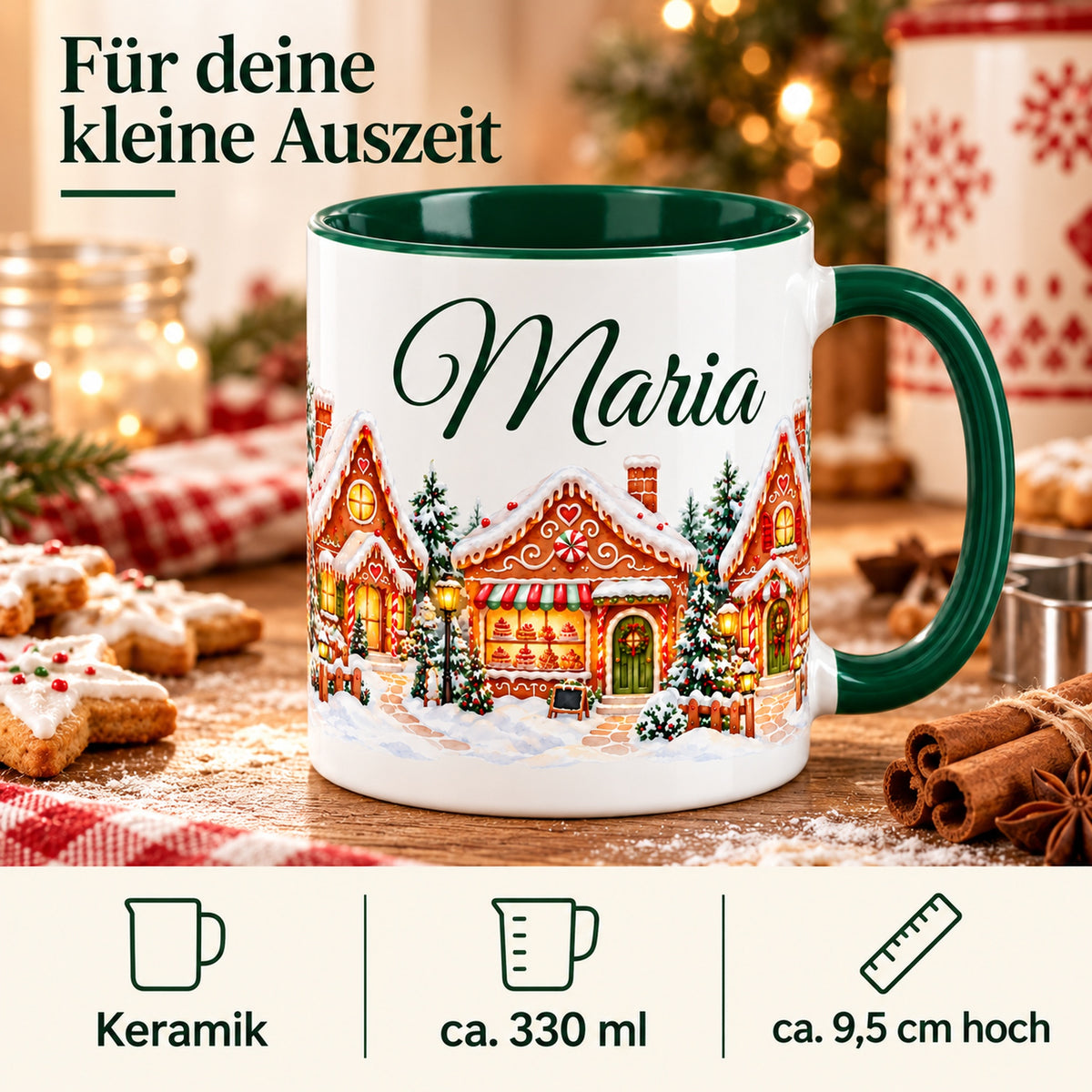 Winterdorf-Tasse Lebkuchendorf mit Angaben zu Keramik, ca. 330 ml und 9,5 cm Höhe.