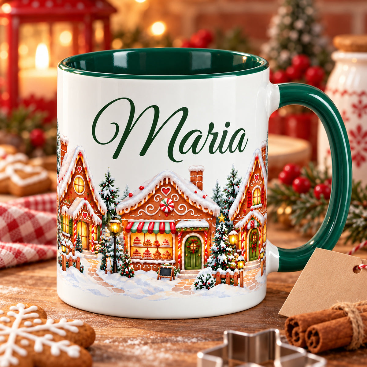 Personalisierte Tasse Lebkuchendorf auf einem Backtisch mit Plätzchen und Geschenkanhänger.