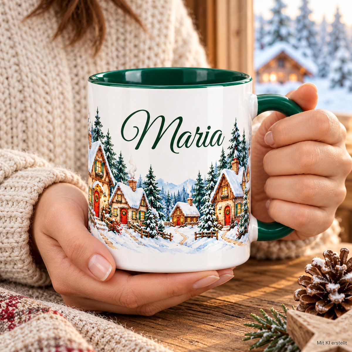 Hände halten die personalisierte Tasse Waldhäuschen mit grünem Henkel.