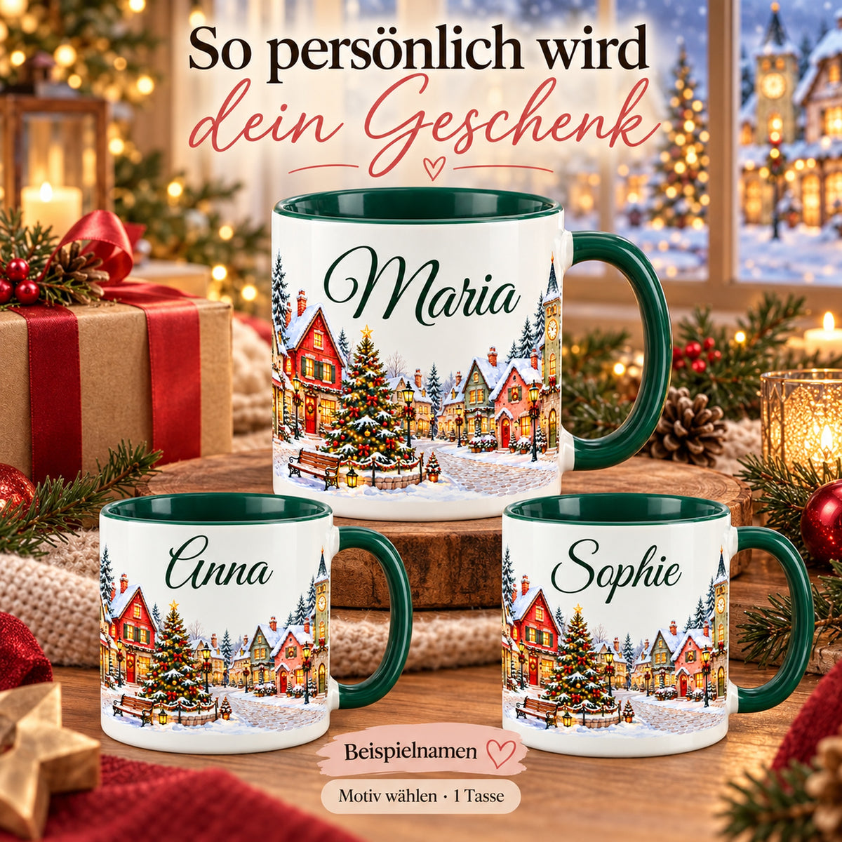 Drei Tassen Dorfplatz mit gekennzeichneten Namensbeispielen; geliefert wird eine Tasse im gewählten Motiv.