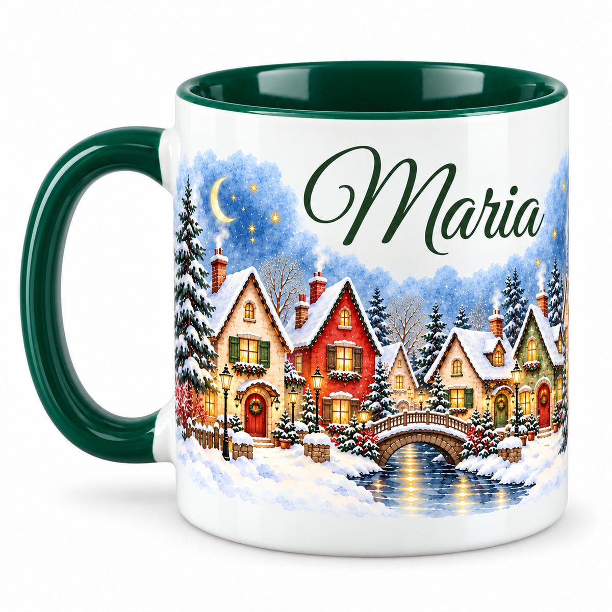 Tasse Sternennachtdorf mit grünem Henkel links und einem weiteren Abschnitt des Häuserpanoramas.
