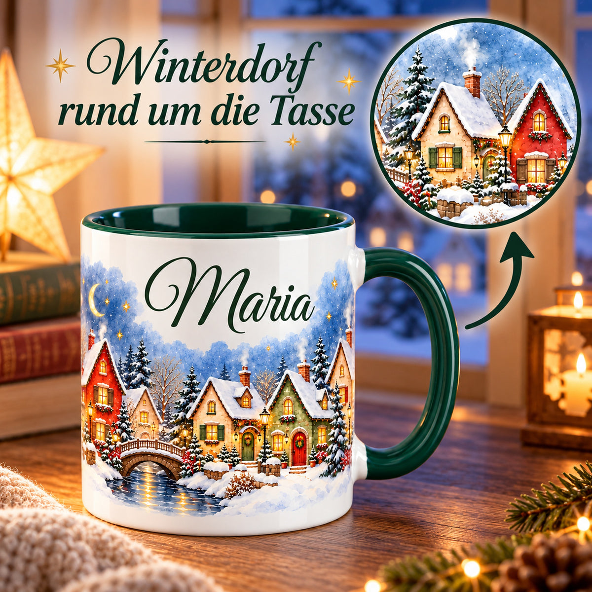 Tasse Sternennachtdorf mit rundem Detailausschnitt eines weiteren Abschnitts des Winterdorf-Panoramas.
