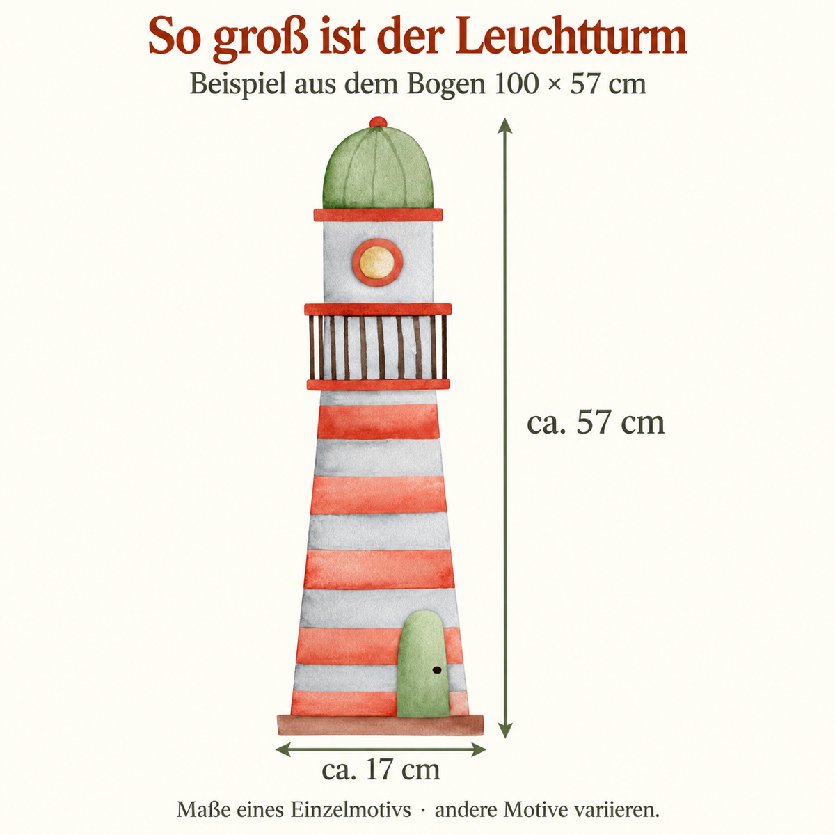 Rot gestreifter Leuchtturm mit grüner Spitze aus dem Wandtattoo-Set, auf dem Bogen etwa 17 cm breit und 57 cm hoch.