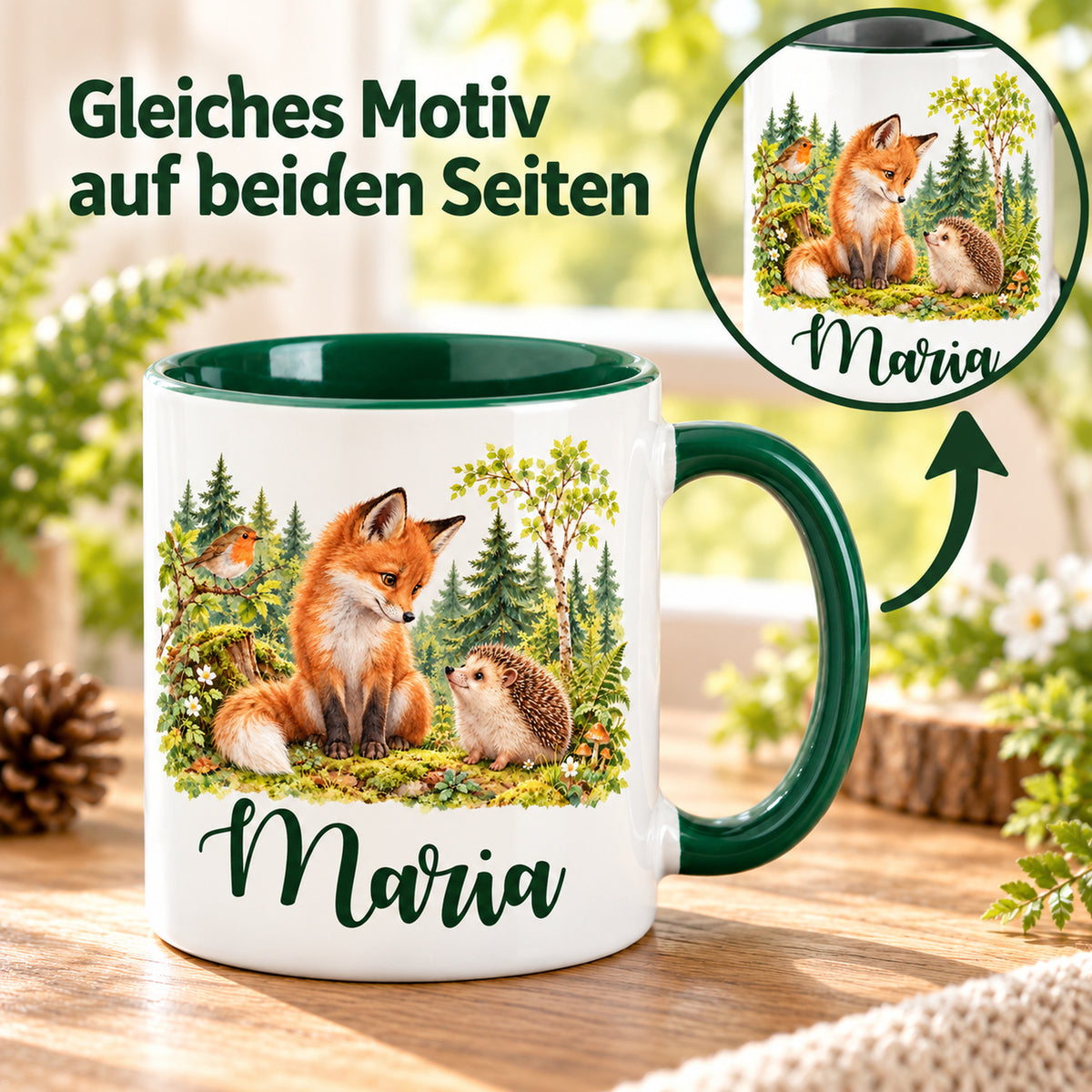 Tasse mit Fuchs, Igel und Rotkehlchen und rundem Motivdetail; Hinweis auf dasselbe Motiv auf beiden Seiten.