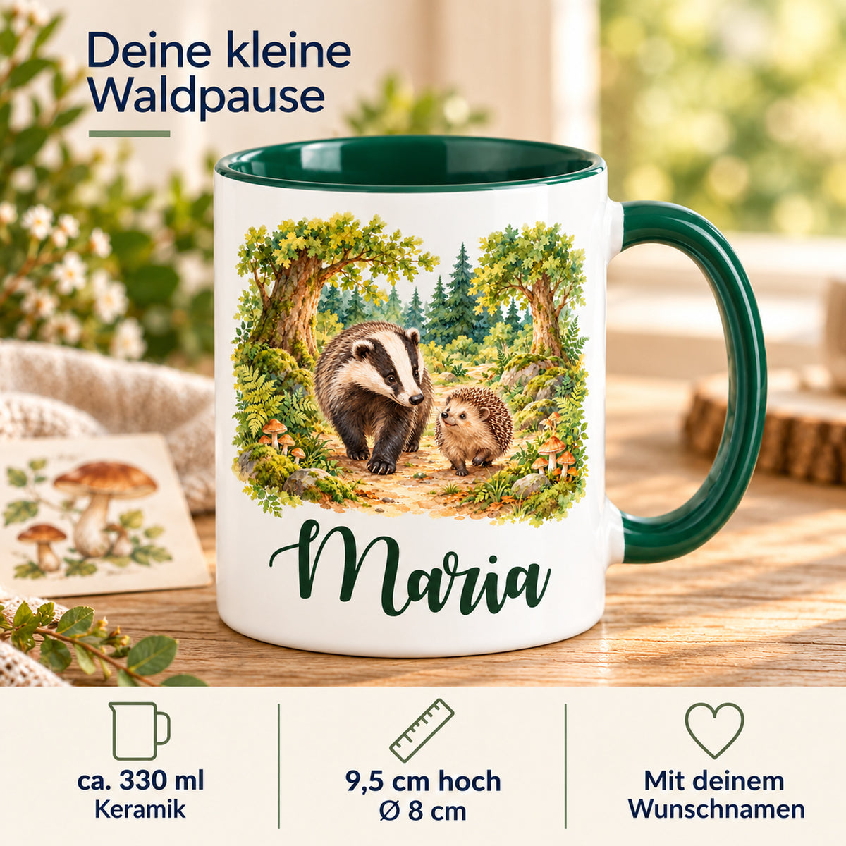 Tasse mit Dachs und Igel: Infografik zu ca. 330 ml, Keramik, Maßen und Wunschnamen.