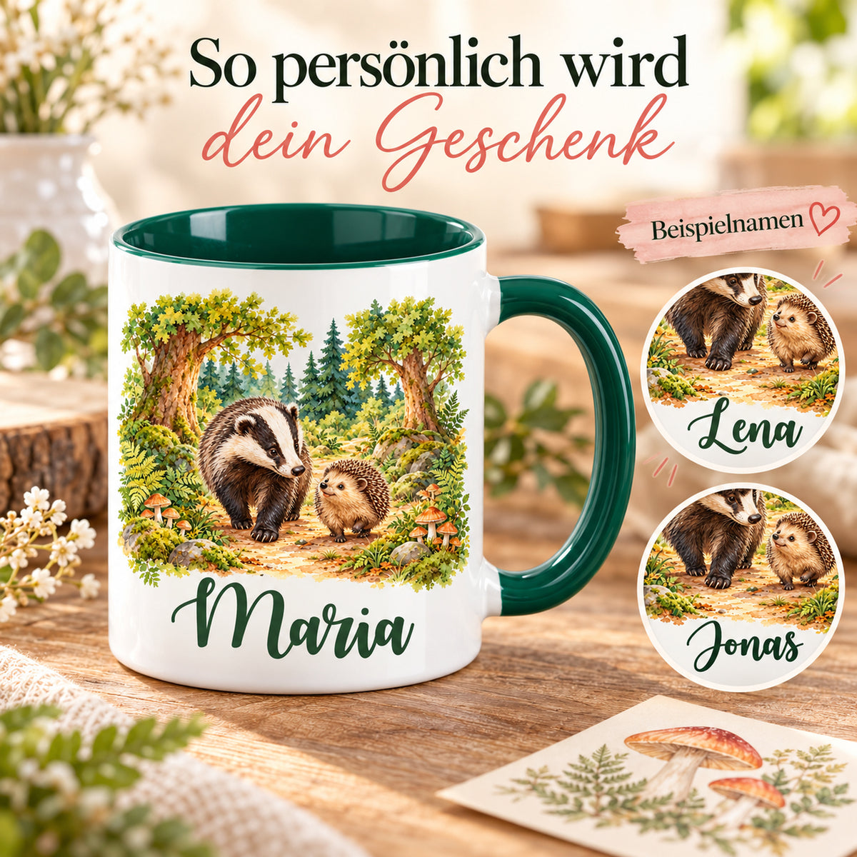 Namenstasse mit Dachs und Igel, daneben zwei runde Ausschnitte mit unterschiedlichen Beispielnamen.
