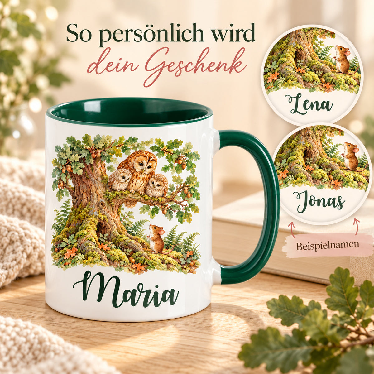 Namenstasse mit Eulenfamilie und Maus, daneben zwei runde Ausschnitte mit unterschiedlichen Beispielnamen.