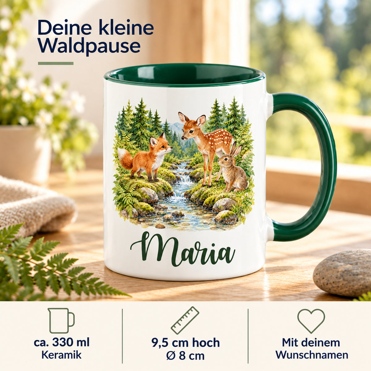 Tasse mit Fuchs, Rehkitz und Hasen am Bach: Infografik zu ca. 330 ml, Keramik, Maßen und Wunschnamen.