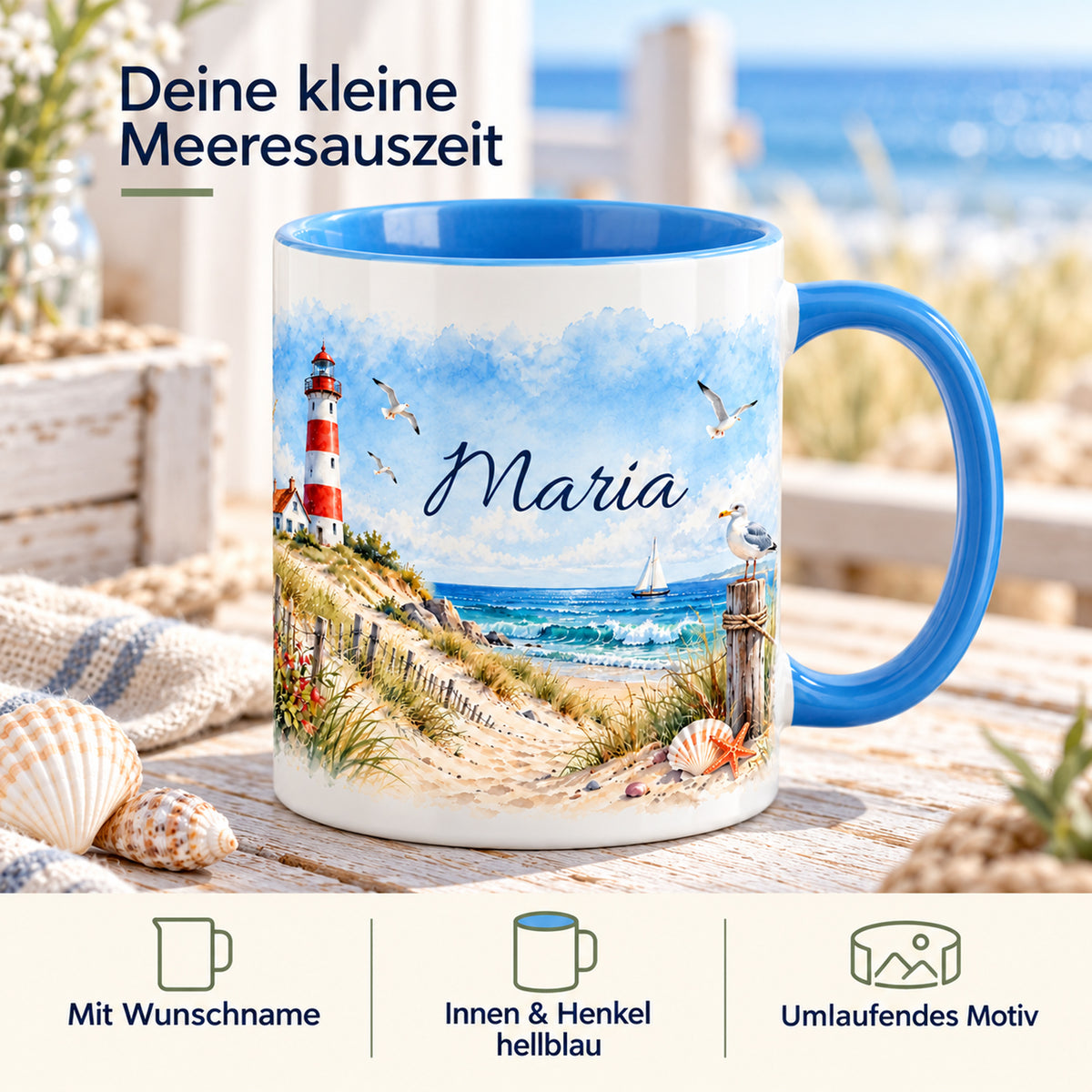 Maritime Tasse mit Leuchtturm und Dünen, Wunschname und Hinweisen zur Gestaltung
