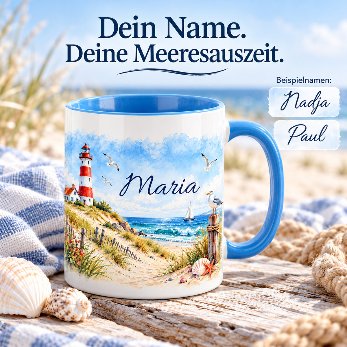 Maritime Tasse mit Wunschname und weiteren Namensbeispielen