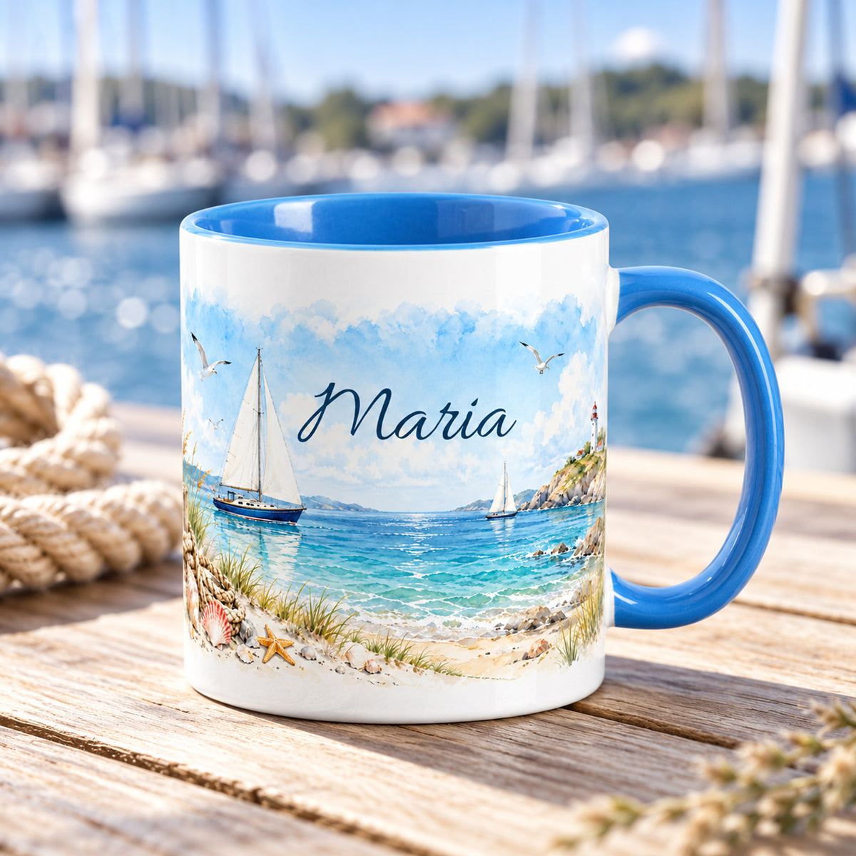 Personalisierte maritime Tasse mit Segelbooten, Meer und hellblauem Henkel in Küstenszene
