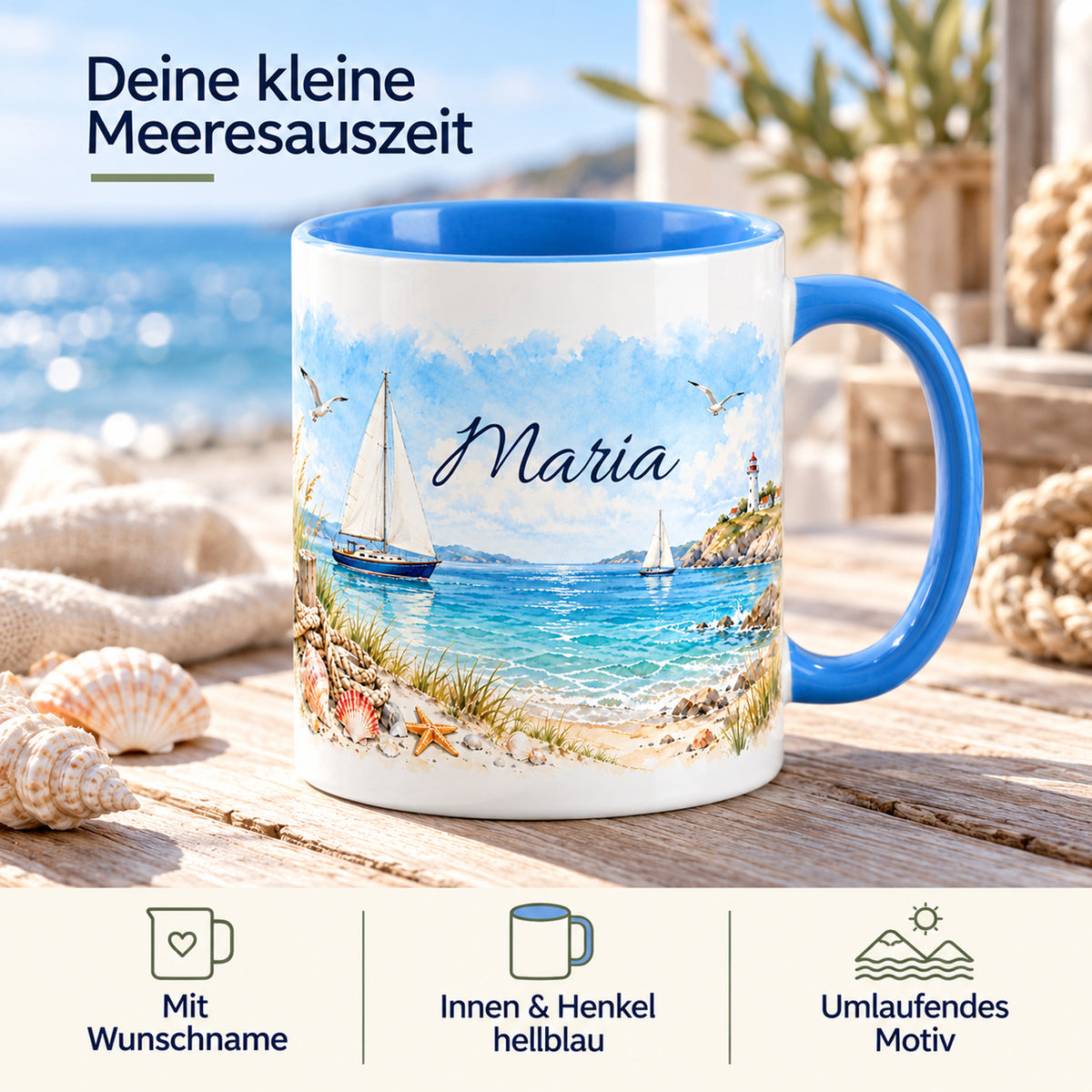 Maritime Tasse mit Segelbooten, Wunschname und Hinweisen zur Gestaltung