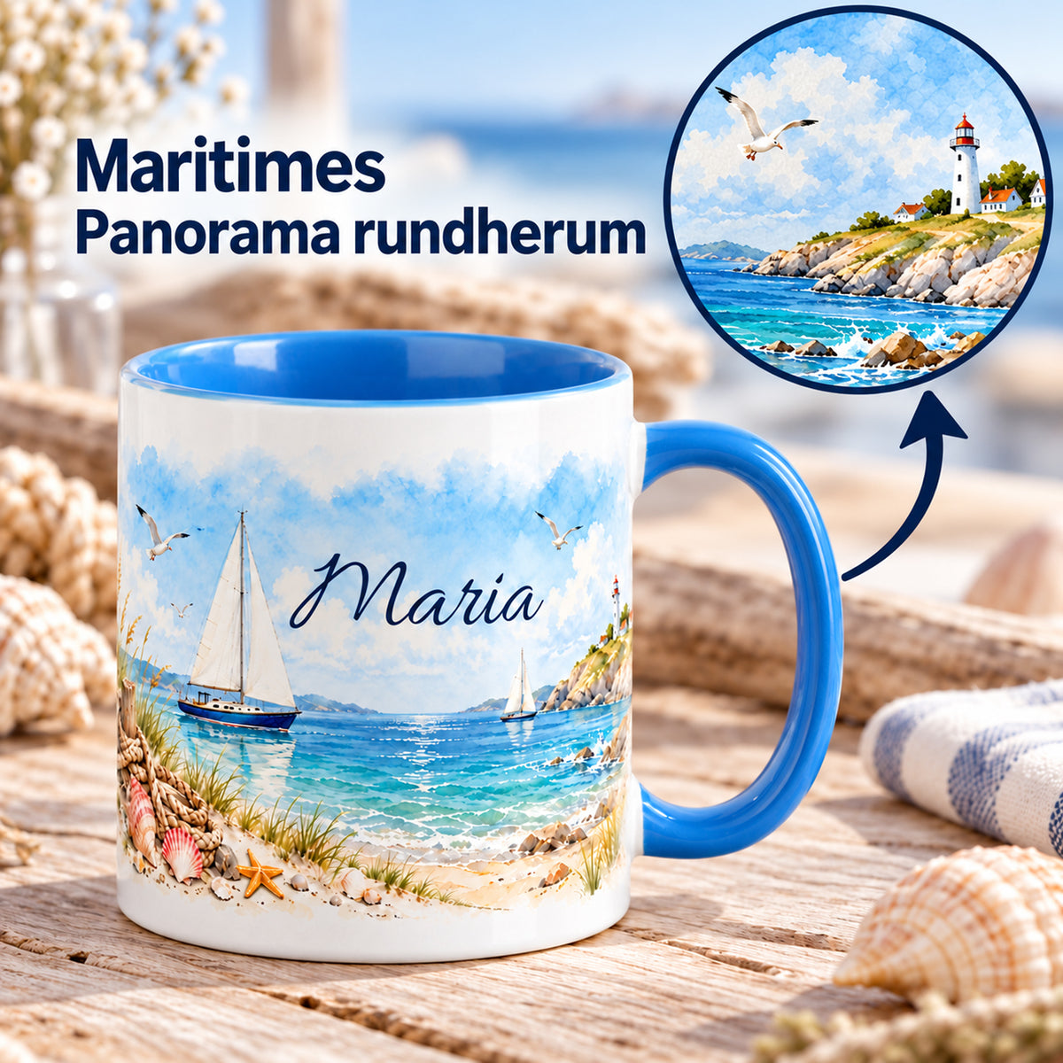 Maritime Tasse mit Drehpfeil und Detailausschnitt des umlaufenden Panoramas