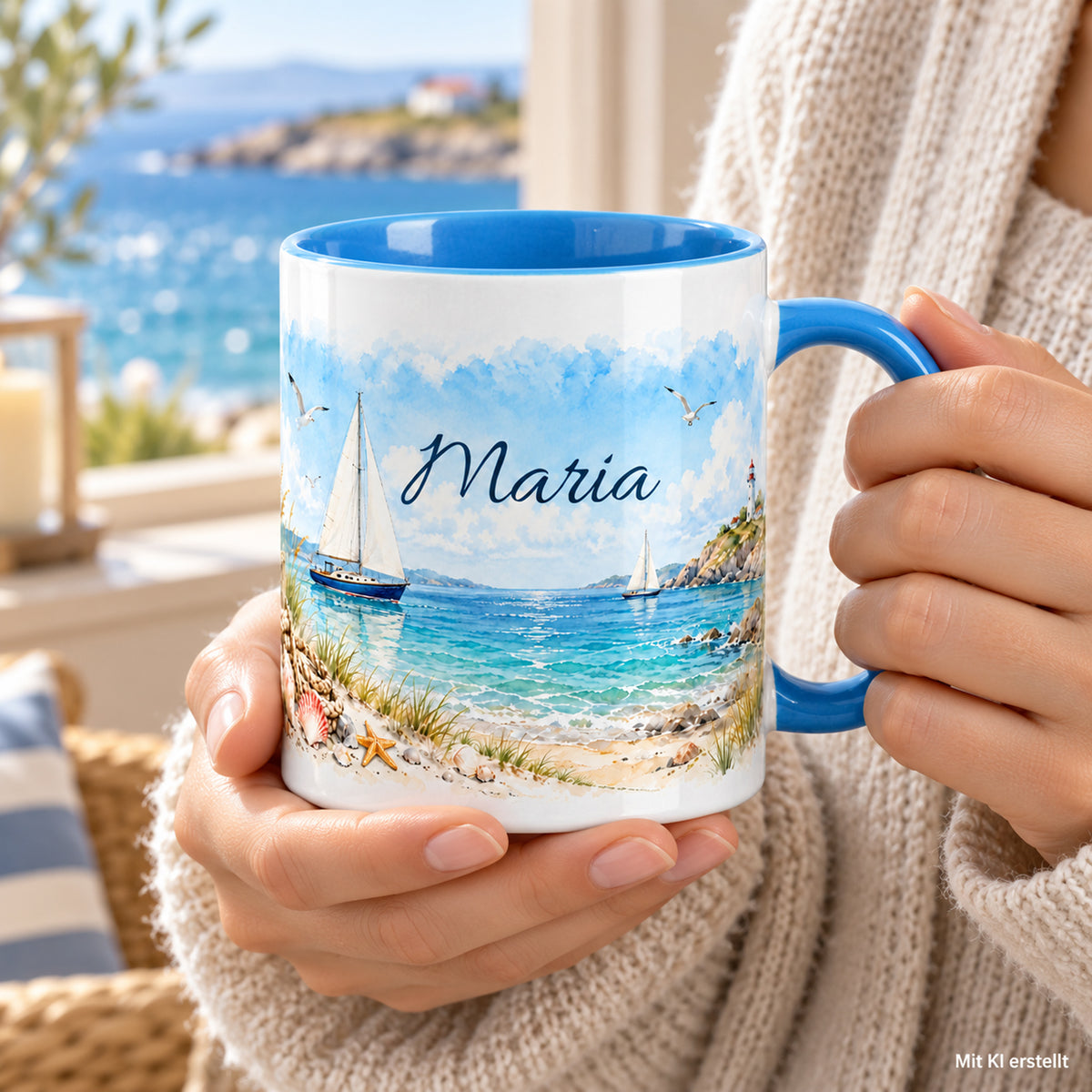 Hände halten eine maritime Tasse mit Wunschname und hellblauem Henkel