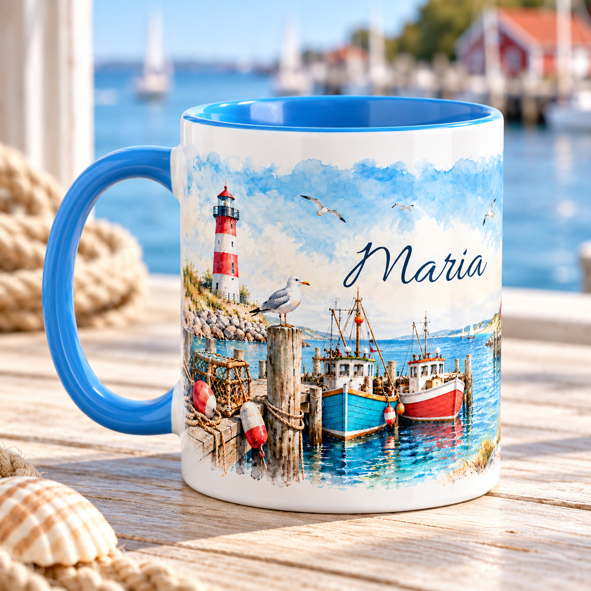 Weitere Ansicht der maritimen Tasse mit Fischerhafen und umlaufender Küstengestaltung
