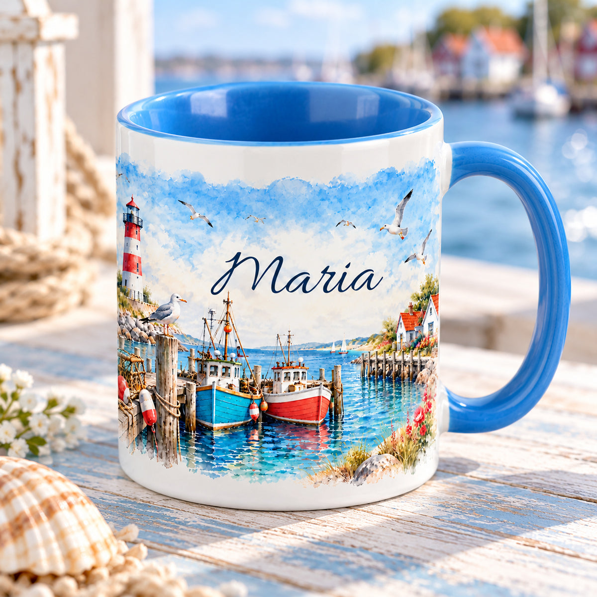Schrägansicht der maritimen Tasse mit Wunschname und hellblauer Innenseite