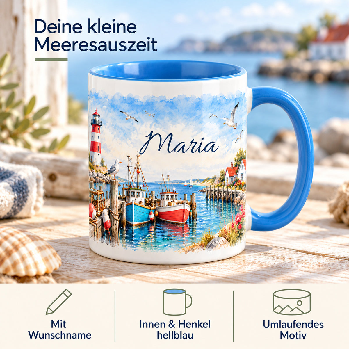 Maritime Tasse mit Fischerhafen, Wunschname und Hinweisen zur Gestaltung