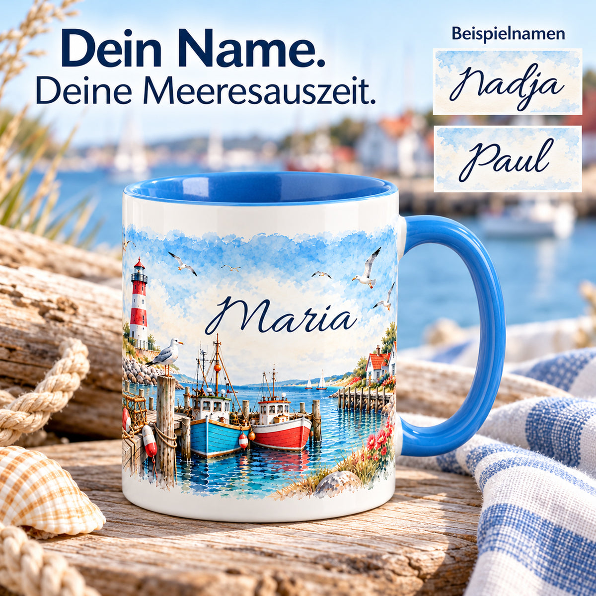 Maritime Tasse mit Wunschname und weiteren Namensbeispielen