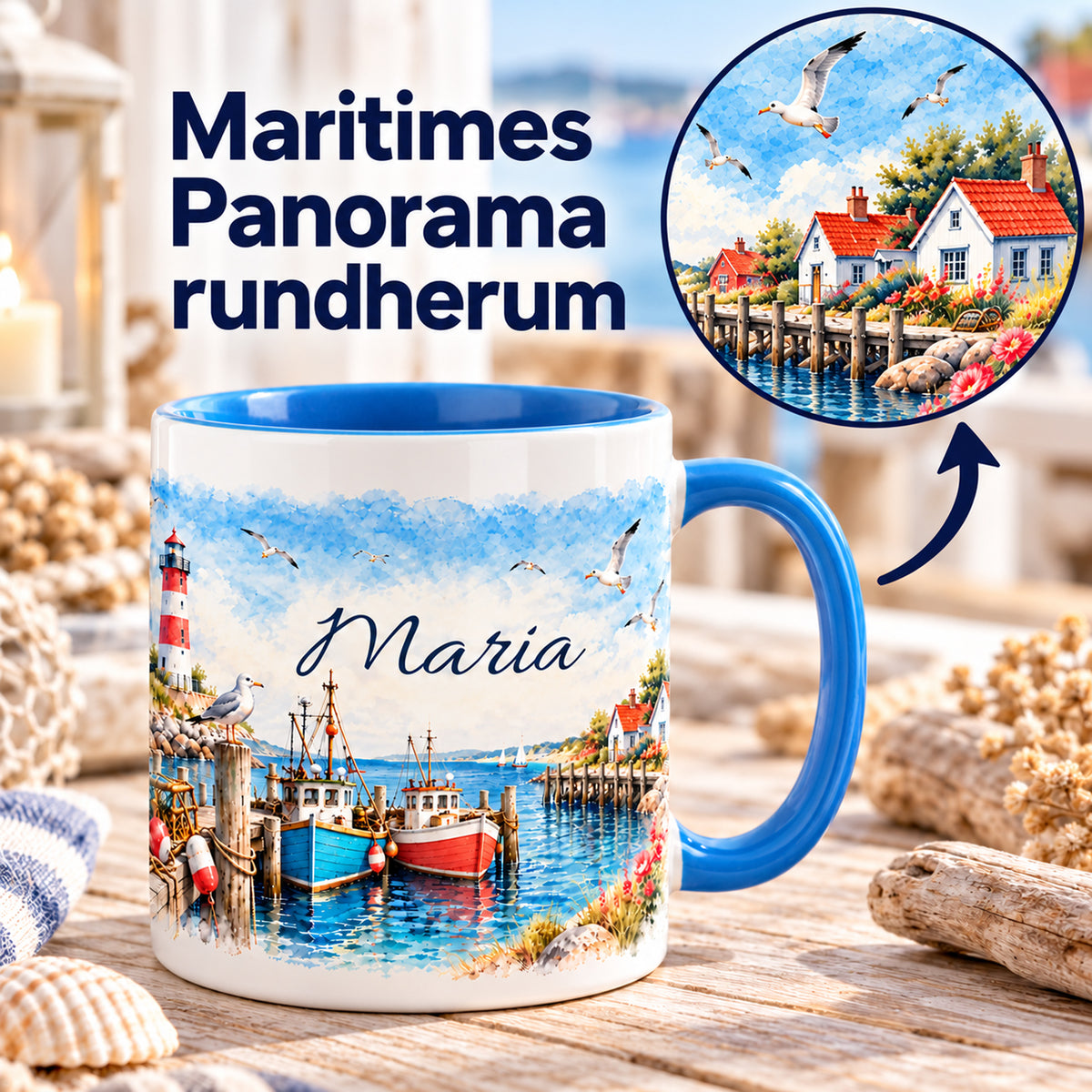 Maritime Tasse mit Drehpfeil und Detailausschnitt des umlaufenden Panoramas