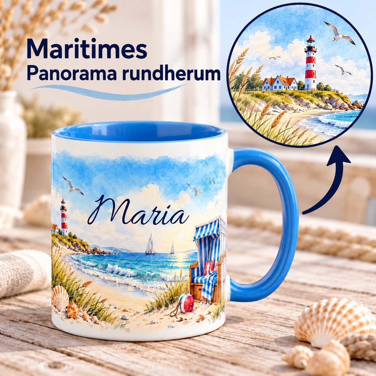 Maritime Tasse mit Drehpfeil und Detailausschnitt des umlaufenden Panoramas