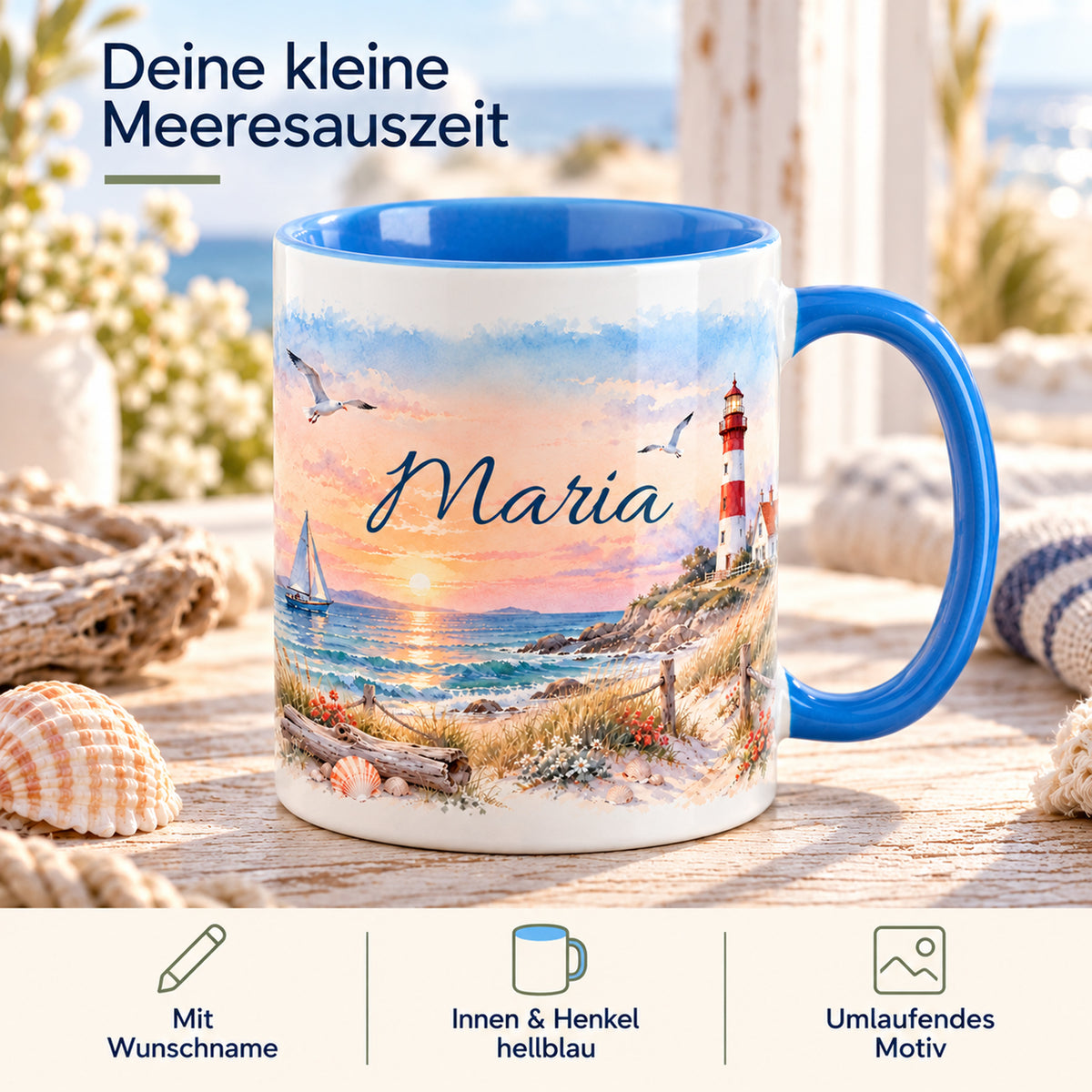 Maritime Tasse mit Leuchtturm im Abendlicht, Wunschname und Hinweisen zur Gestaltung