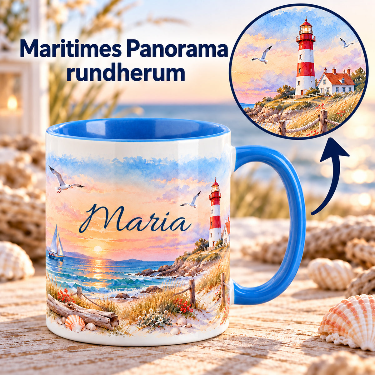 Maritime Tasse mit Drehpfeil und Detailausschnitt des umlaufenden Panoramas