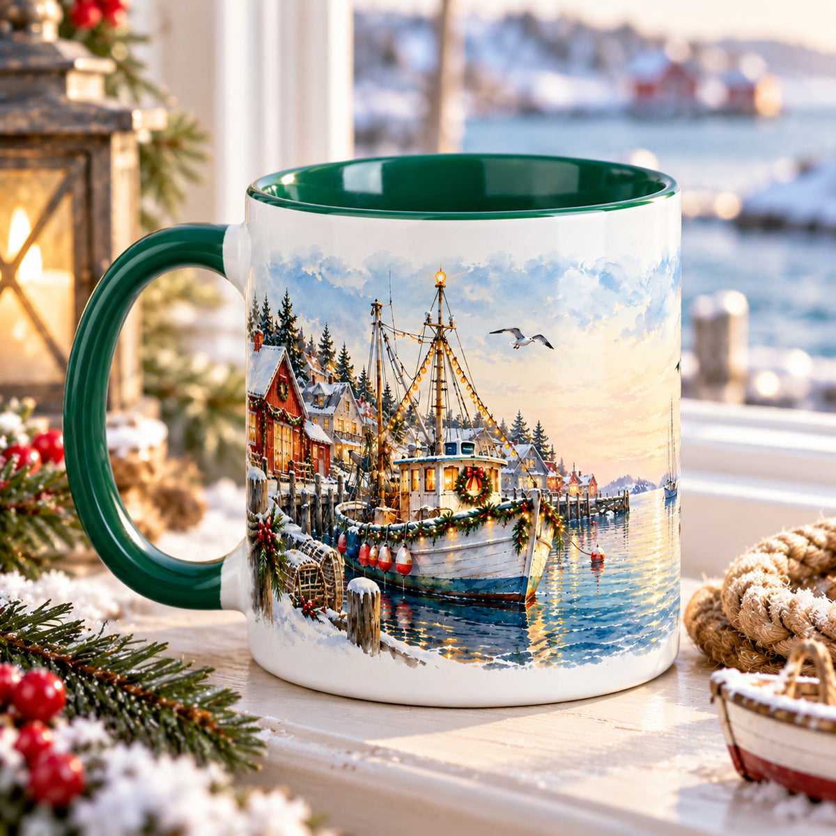 Weitere Ansicht der grün-weißen Tasse mit einem Abschnitt des weihnachtlichen Küstenpanoramas Festlicher Fischerhafen.