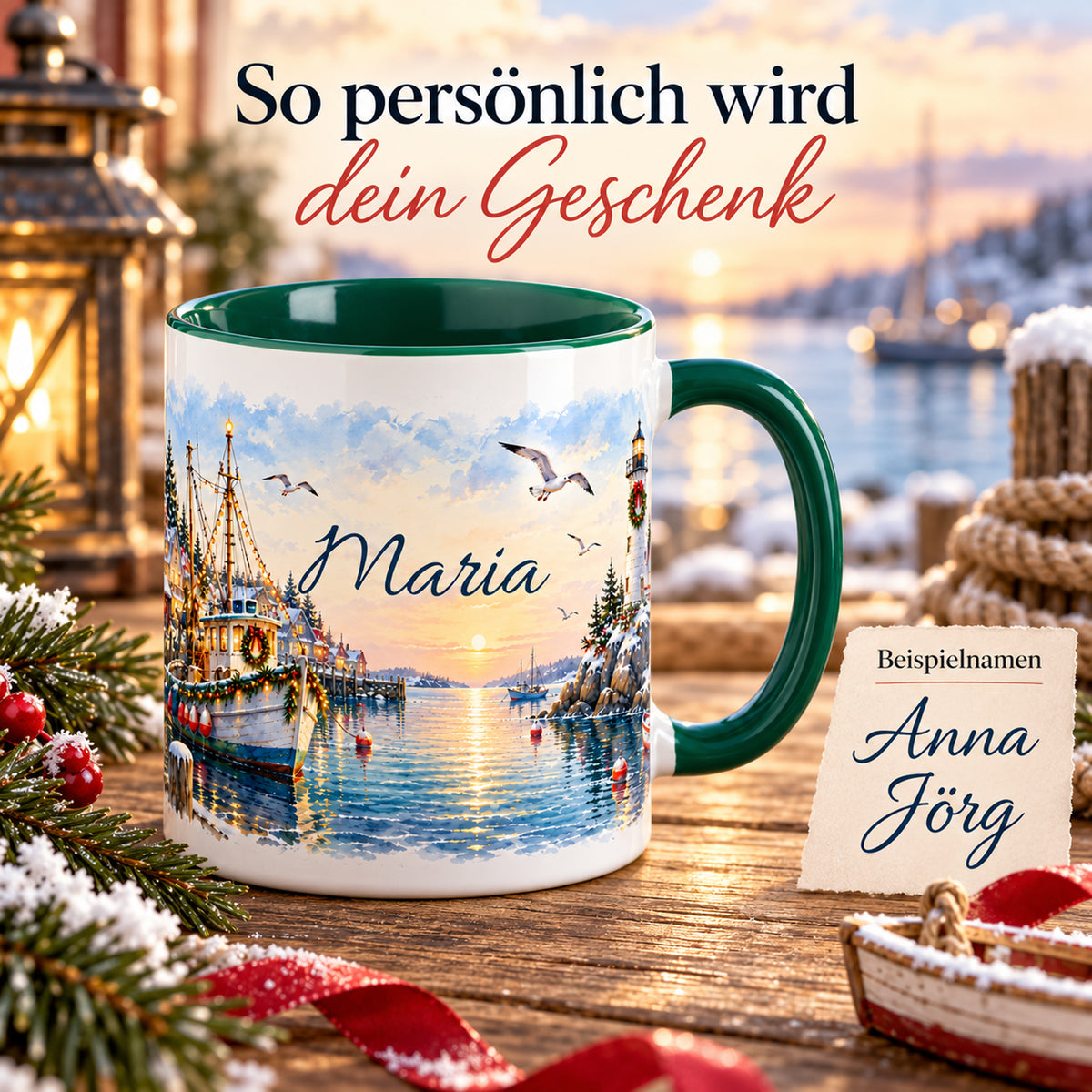 Weihnachtstasse Festlicher Fischerhafen mit Namensdruck und separat gekennzeichneten Beispielnamen.