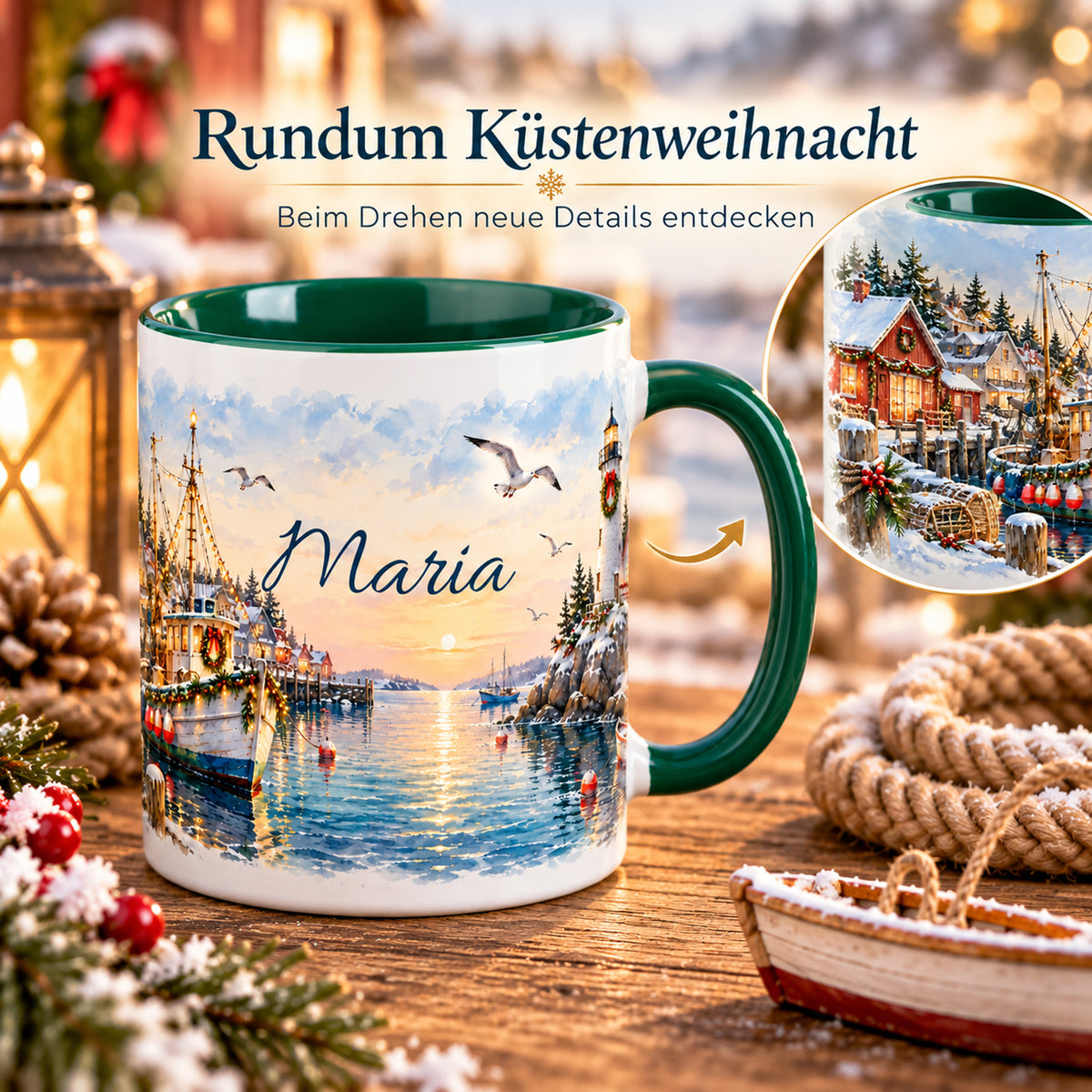 Eine Weihnachtstasse Festlicher Fischerhafen mit Drehpfeil und Detailausschnitt des Rundummotivs.