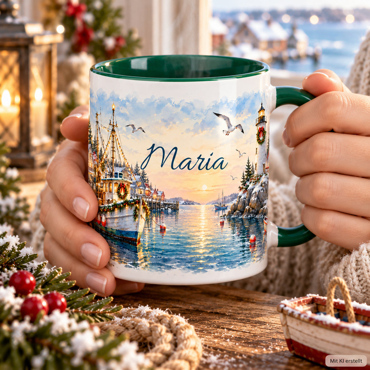 Erwachsene Hände halten die grün-weiße Weihnachtstasse mit dem Küstenmotiv Festlicher Fischerhafen.