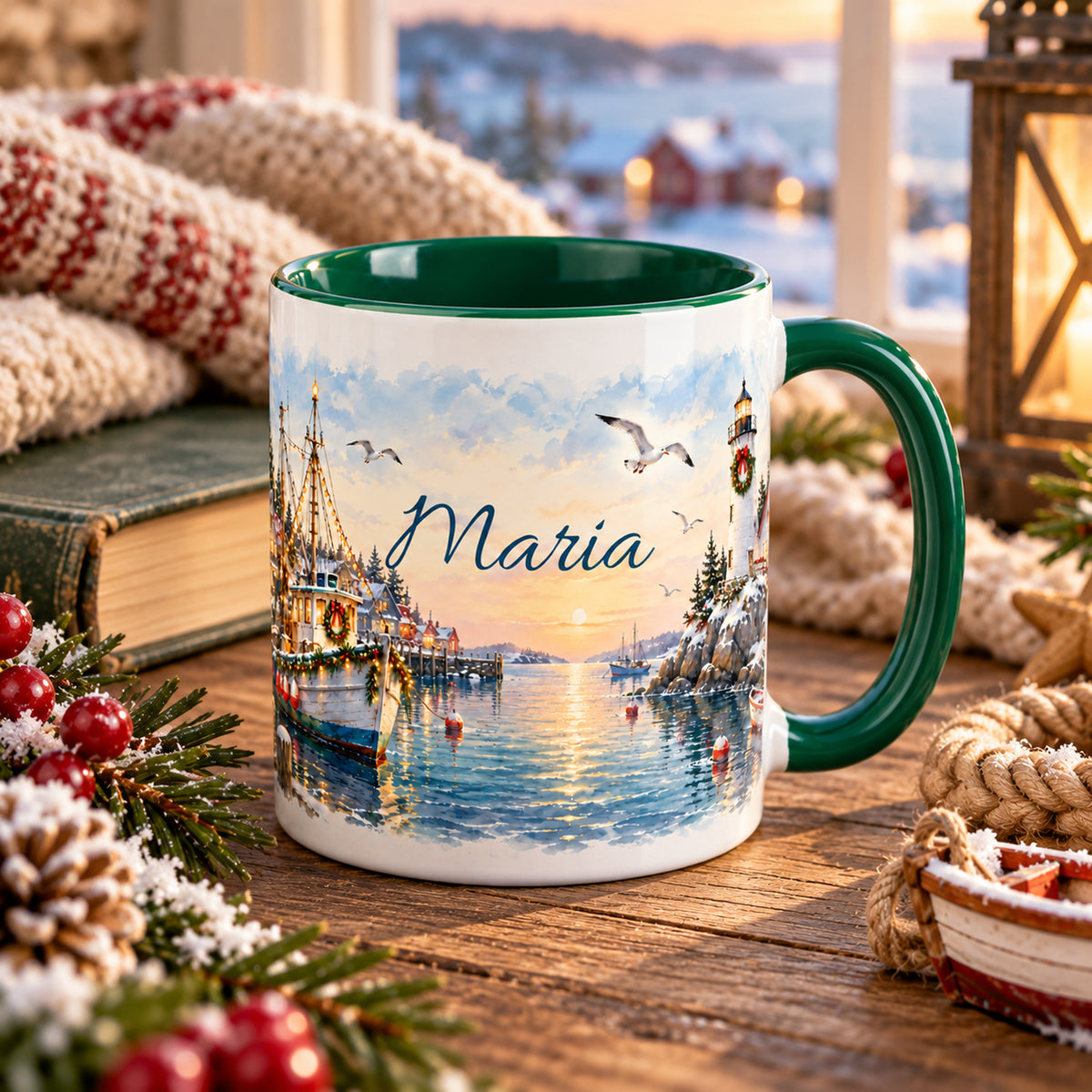 Personalisierte Weihnachtstasse Festlicher Fischerhafen in einer gemütlichen maritimen Leseszene.