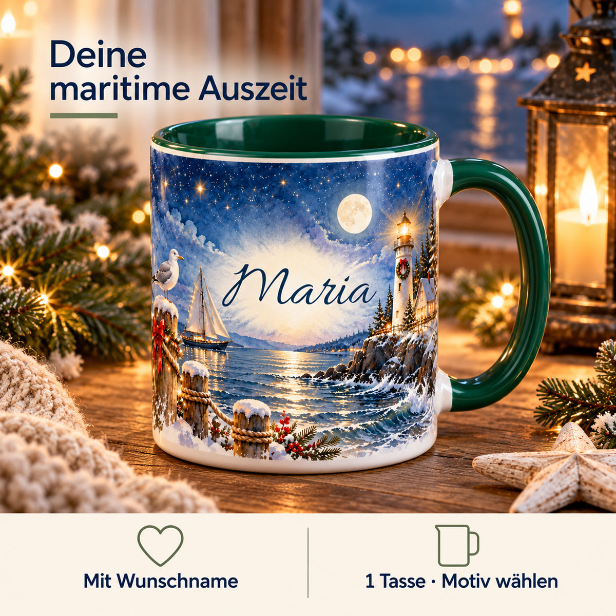 Maritime Weihnachtstasse Küstenweihnacht bei Nacht mit Hinweisen auf Wunschname und die Auswahl einer Tasse.