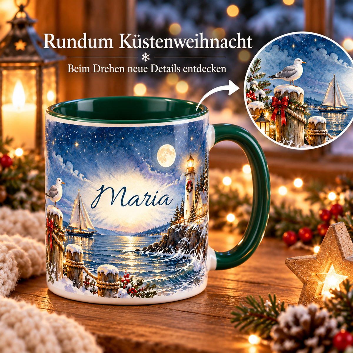 Eine Weihnachtstasse Küstenweihnacht bei Nacht mit Drehpfeil und Detailausschnitt des Rundummotivs.
