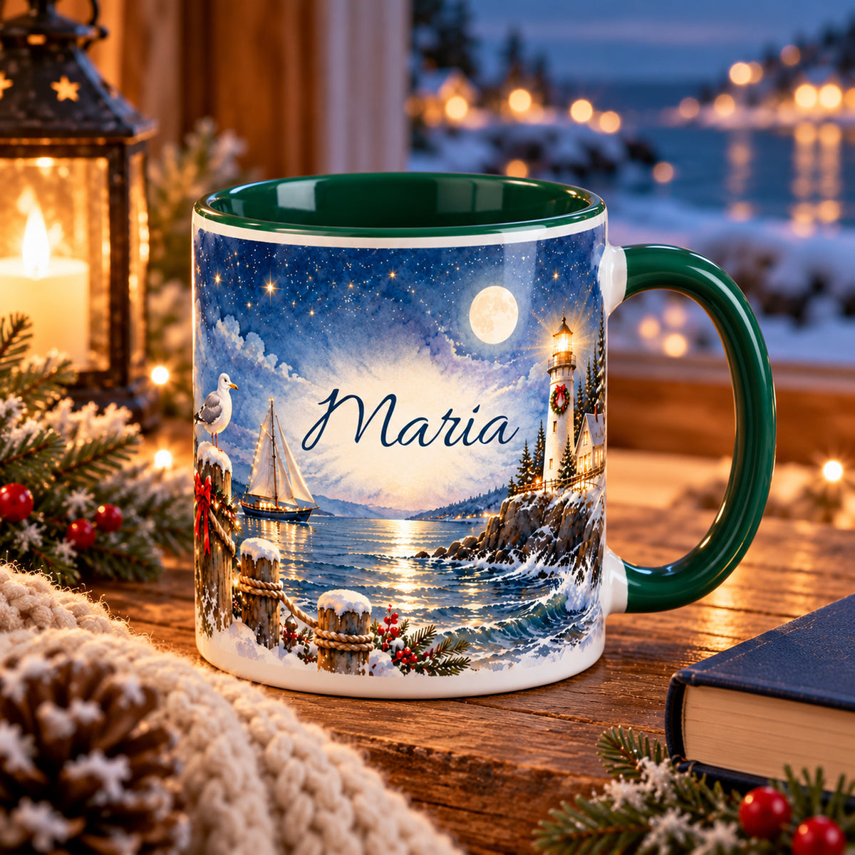Personalisierte Weihnachtstasse Küstenweihnacht bei Nacht in einer gemütlichen maritimen Leseszene.
