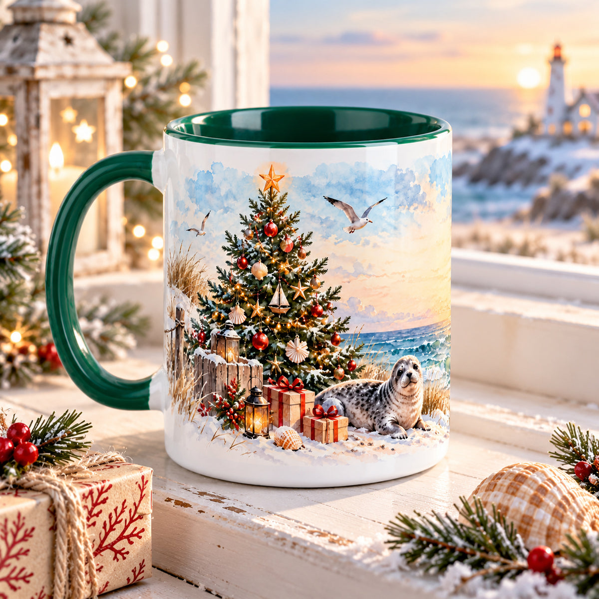 Weitere Ansicht der grün-weißen Tasse mit einem Abschnitt des weihnachtlichen Küstenpanoramas Weihnachtsbaum am Meer.