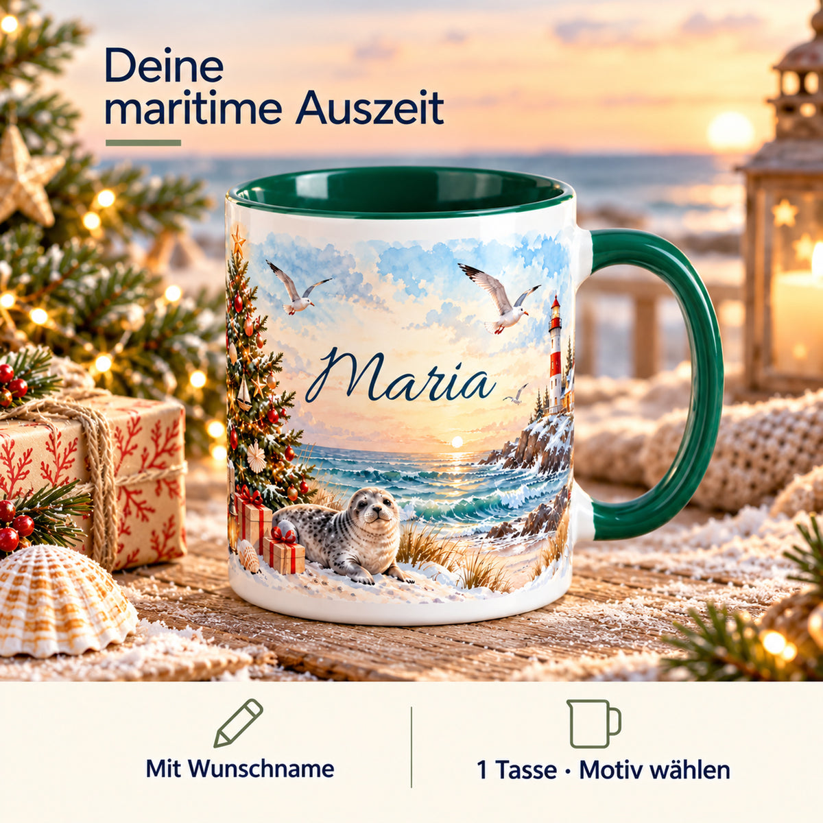 Maritime Weihnachtstasse Weihnachtsbaum am Meer mit Hinweisen auf Wunschname und die Auswahl einer Tasse.