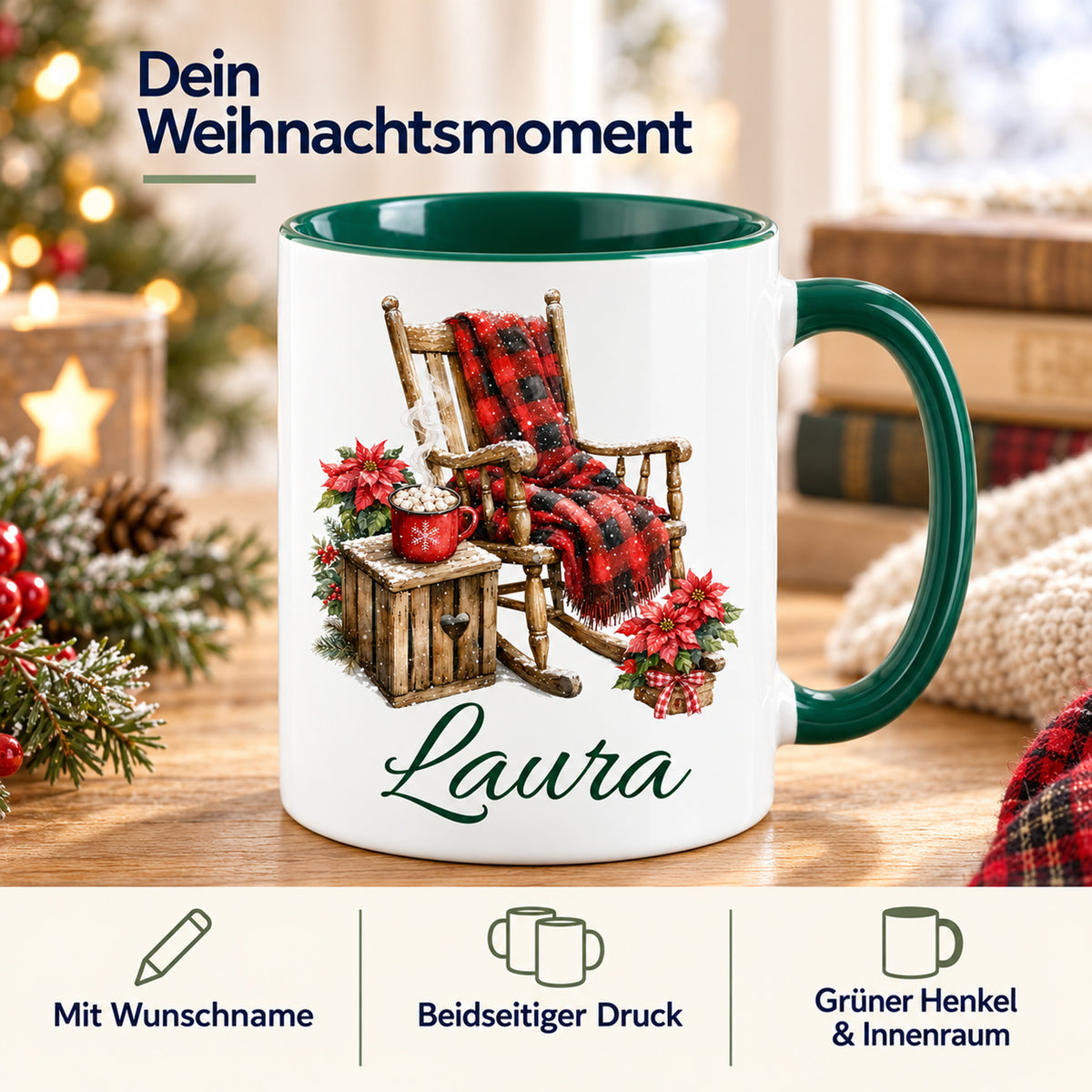 Tasse mit Schaukelstuhl-Motiv: Wunschname, beidseitiger Druck sowie grüner Henkel und Innenraum.